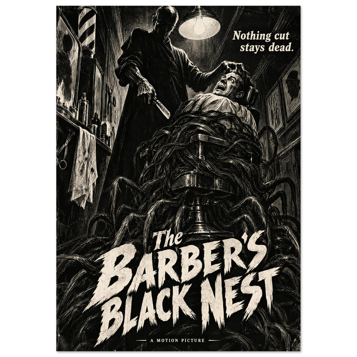 Sinister barber holding a razor over a terrified customer tangled in tendrils, with cream horror-film lettering.