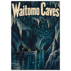 Waitomo Caves lettering above a blue cavern filled with glowing lights, with passengers in a boat on reflective water.