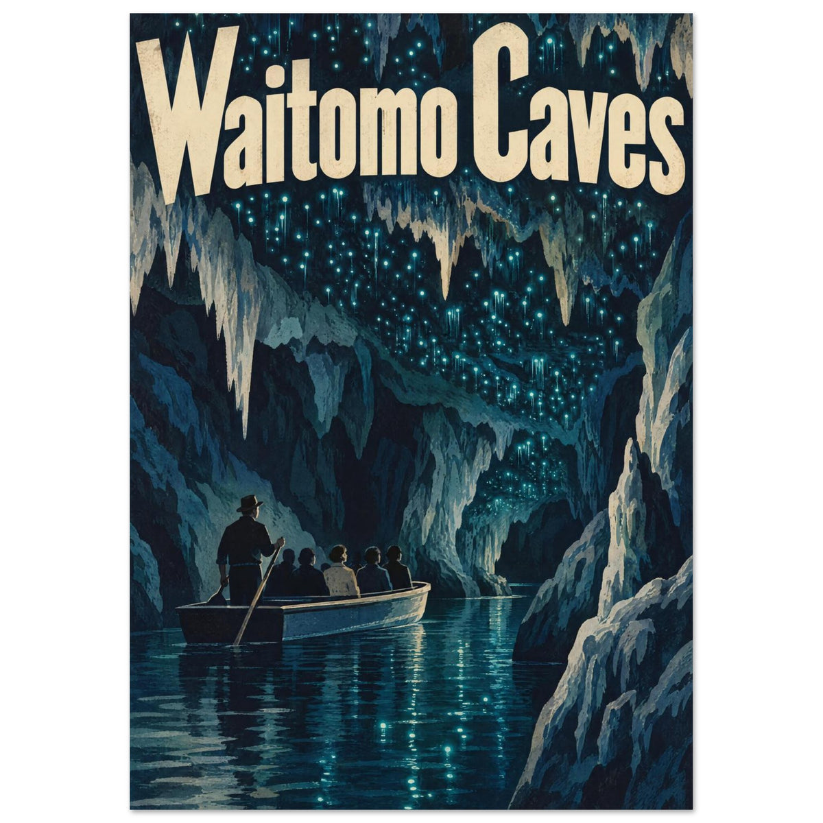 Waitomo Caves lettering above a blue cavern filled with glowing lights, with passengers in a boat on reflective water.