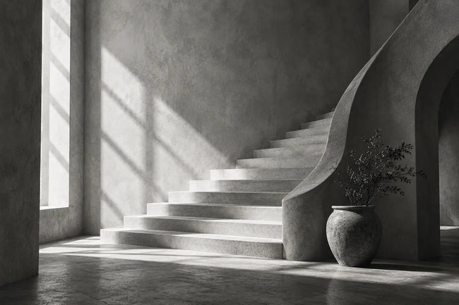 Black and white photographic study of sunlight falling across a sculptural stairway, rich silver gelatin texture