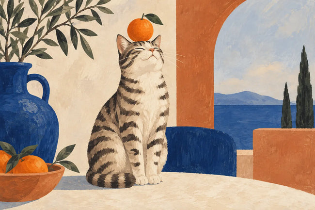Charming hand-painted striped cat balancing an orange on its head, cobalt and terracotta shapes, sophisticated playful gouache